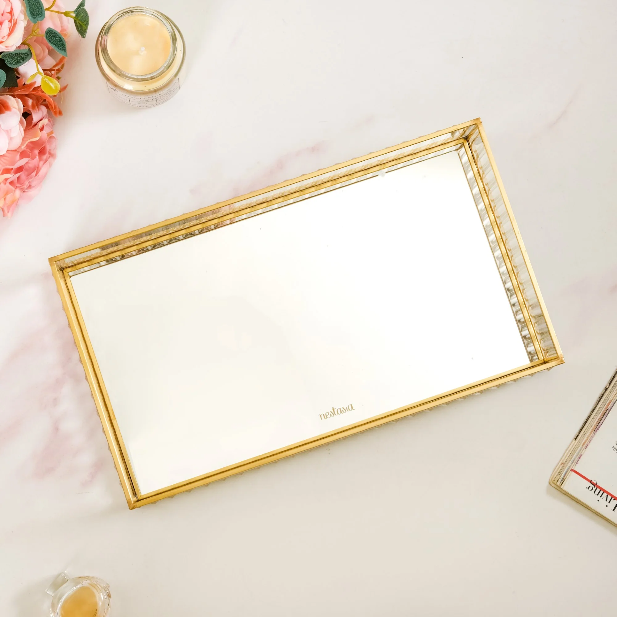 Fluted Mirror Glass Vanity Tray Large - Image 6