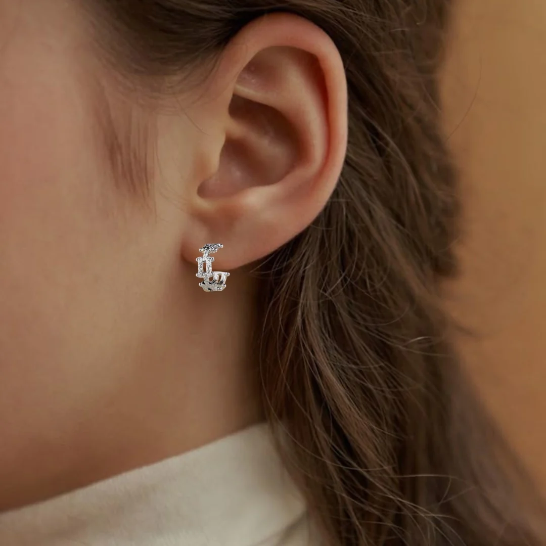 Foil Grid Silver Huggie Earrings - Image 5