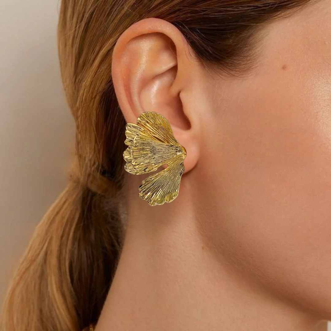 Folded Ginkgo Leaf Statement Earrings Gold - Image 2
