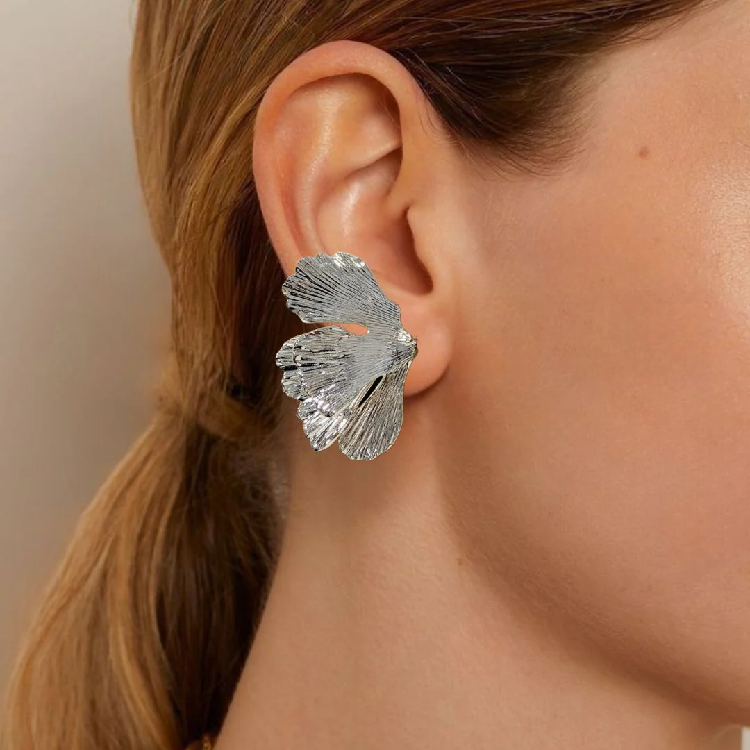 Folded Ginkgo Leaf Statement Earrings Silver - Image 2