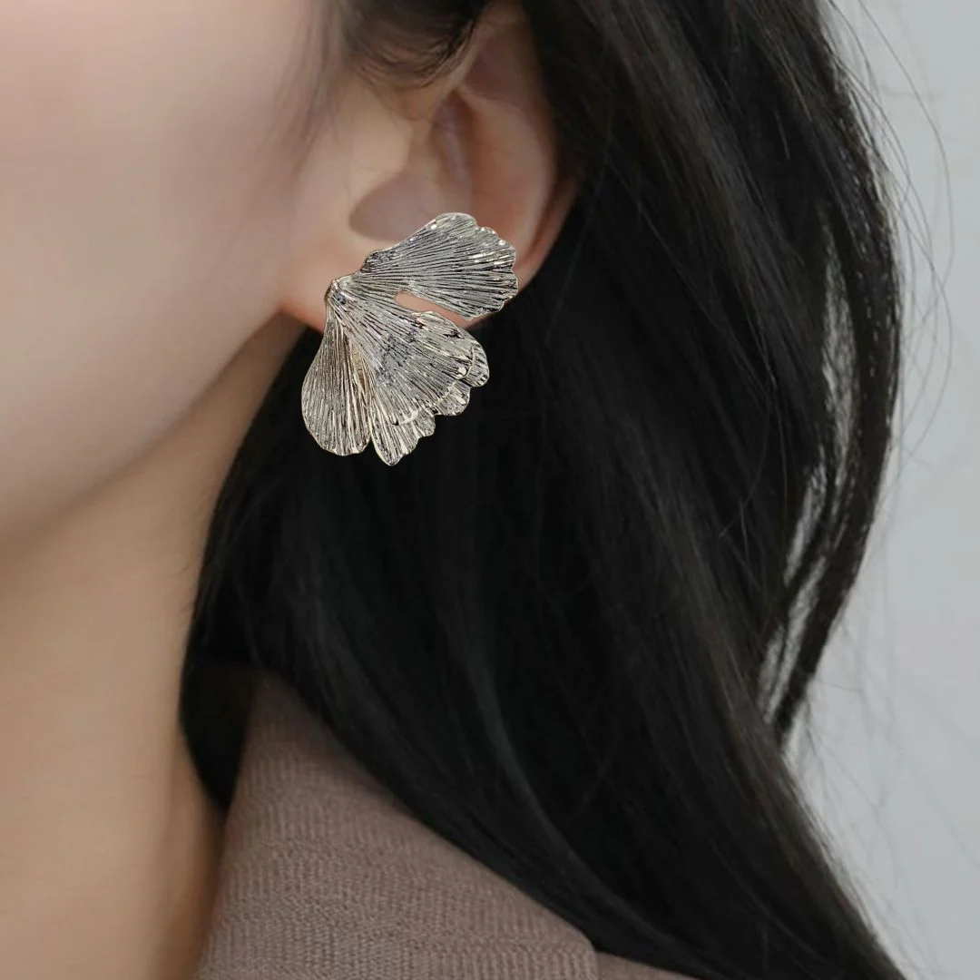 Folded Ginkgo Leaf Statement Earrings Silver - Image 5