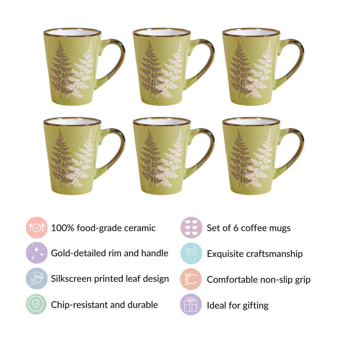 Fresh Green Leaf Design Coffee Mug Set Of 6 350ml - Image 4