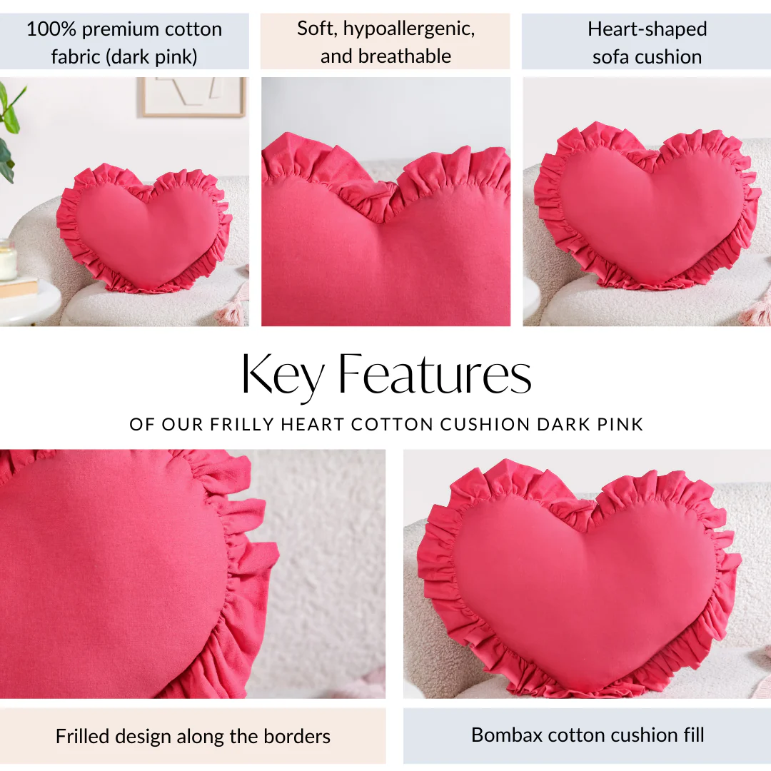 Frilly Heart Cotton Cushion Dark Pink 43x38cm - Image 4