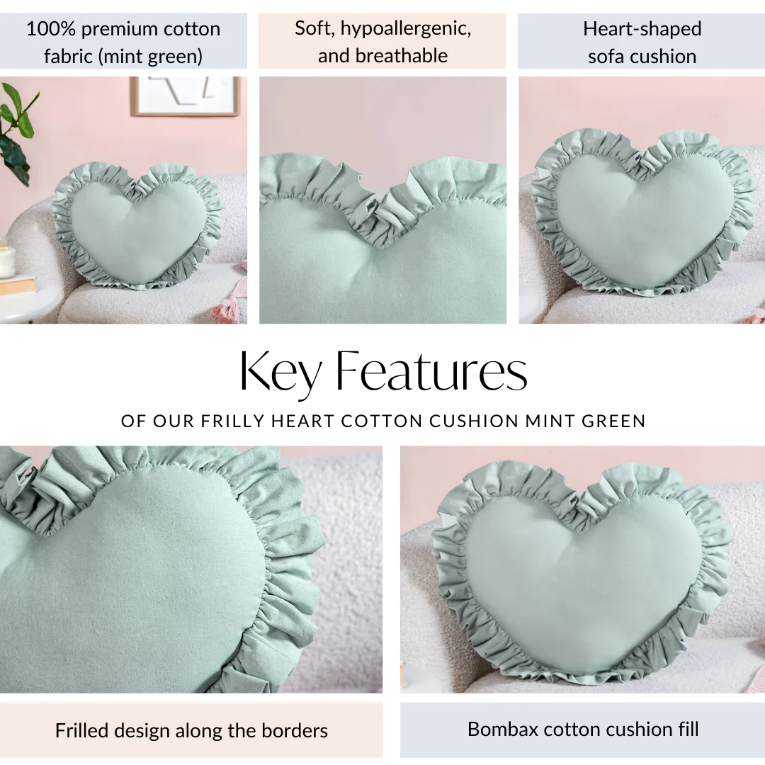 Frilly Heart Cotton Cushion Mint Green 43x38cm - Image 4