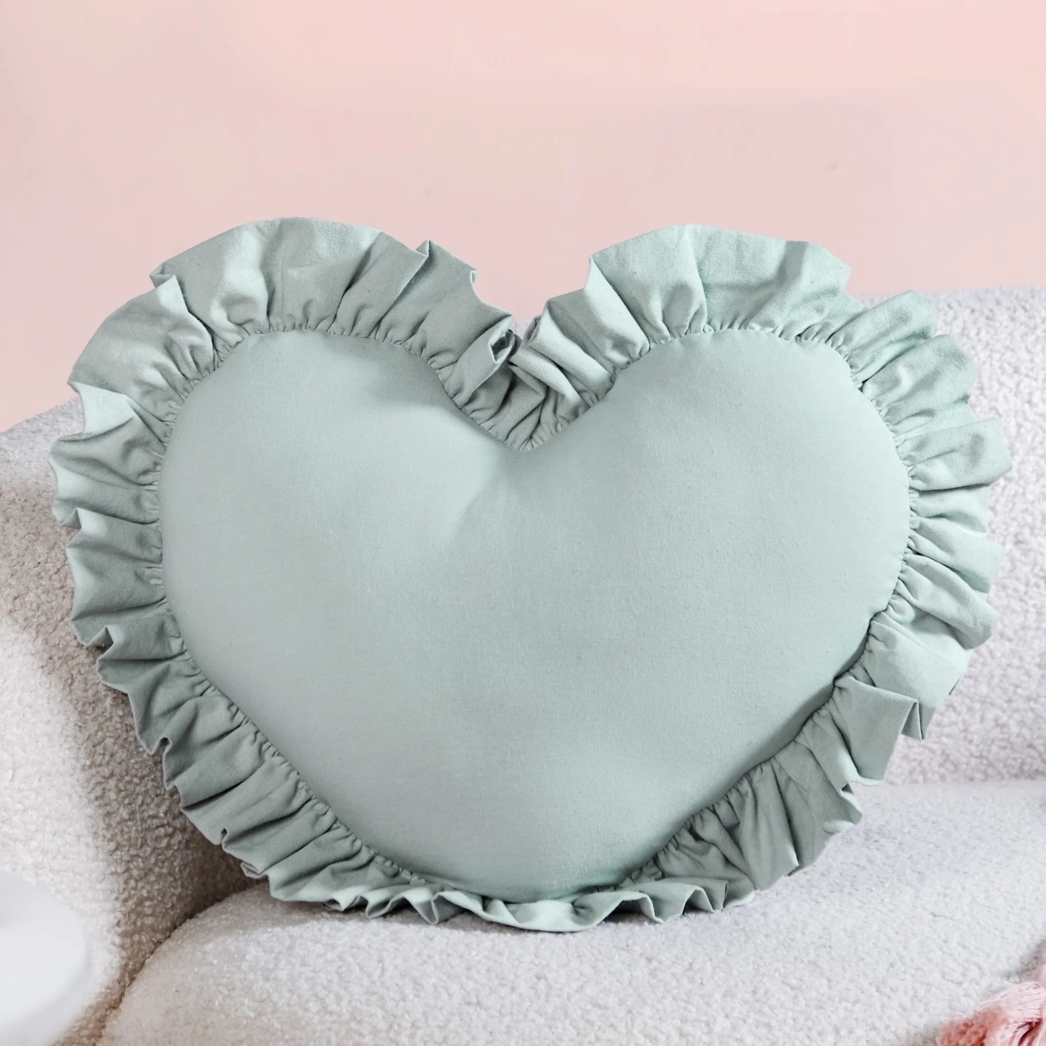 Frilly Heart Cotton Cushion Mint Green 43x38cm - Image 6