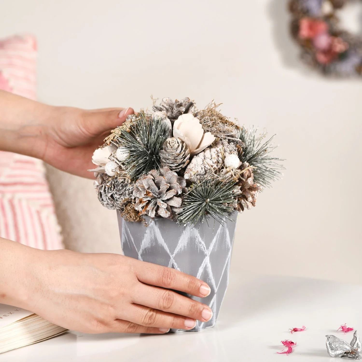 Frosty Pine Cones Dried Flower Pot - Image 2