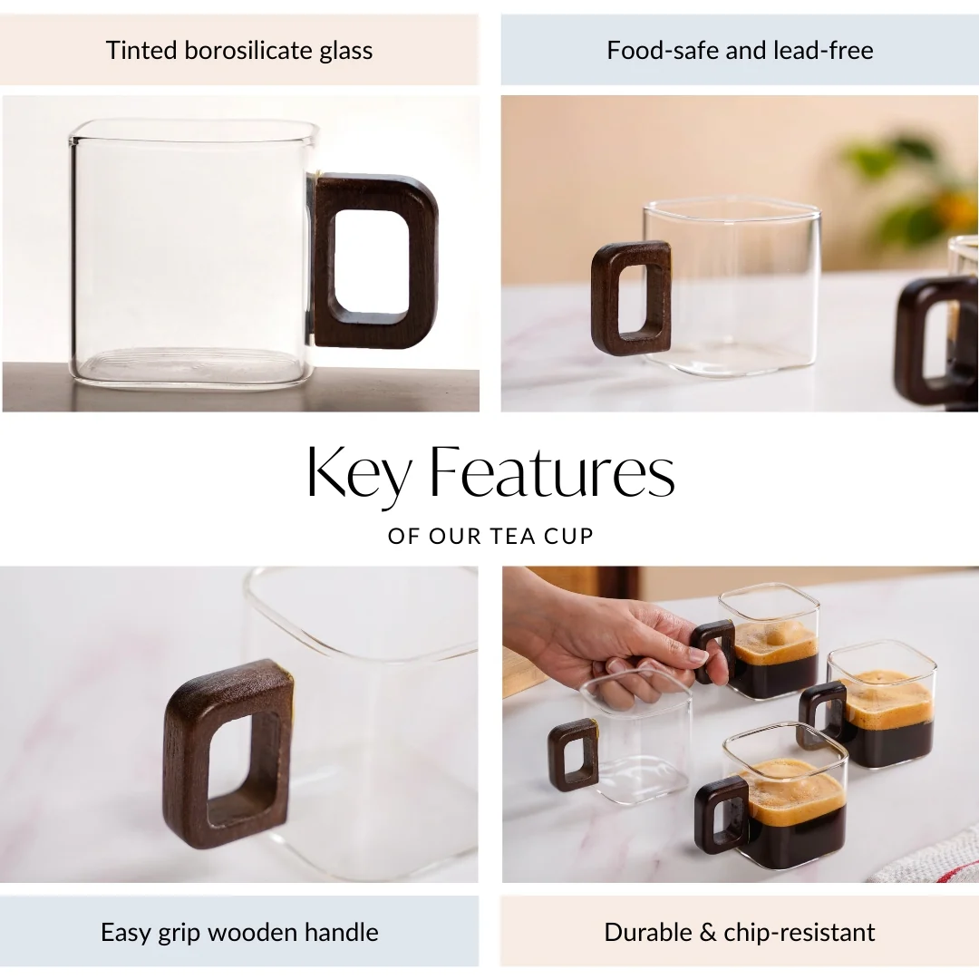 Fusion Square Glass Cups With Wooden Handle Set Of 4 200ml - Image 5