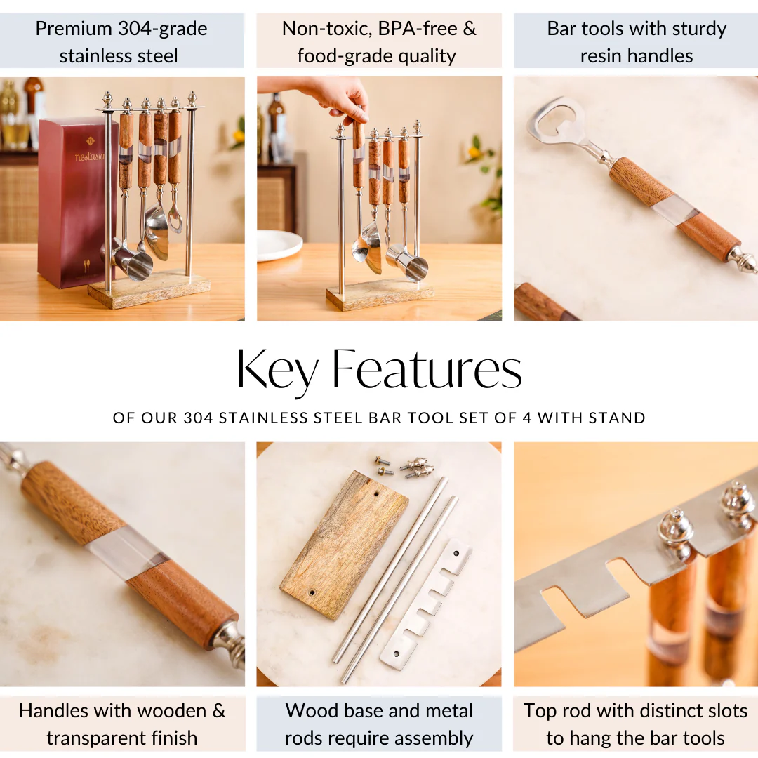 Fusion Wood Resin SS Bar Tool Set Of 4 With Stand - Image 6