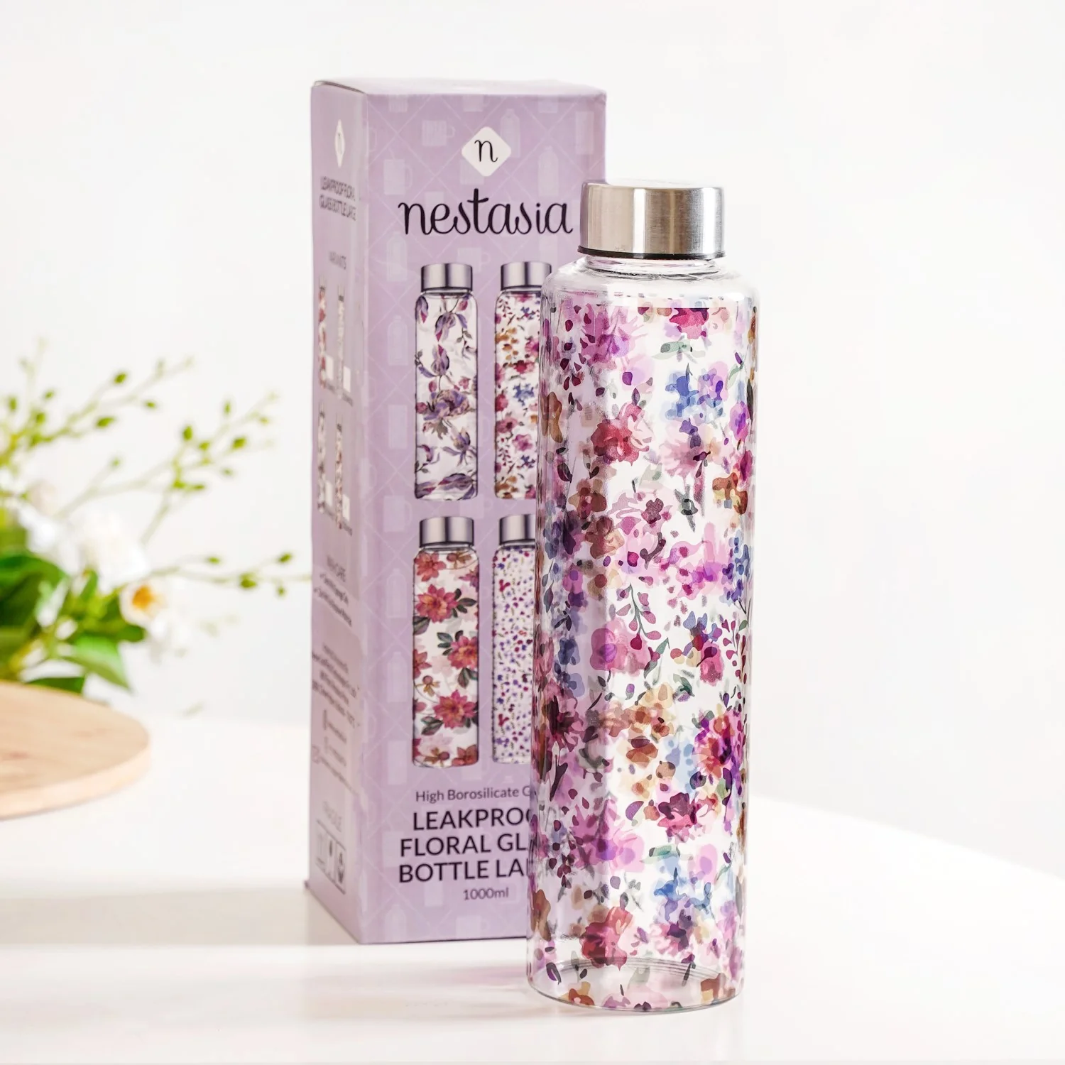 Garden Rose Large Glass Water Bottle 1000ml - Image 3