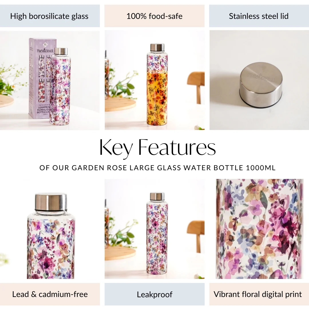 Garden Rose Large Glass Water Bottle 1000ml - Image 5