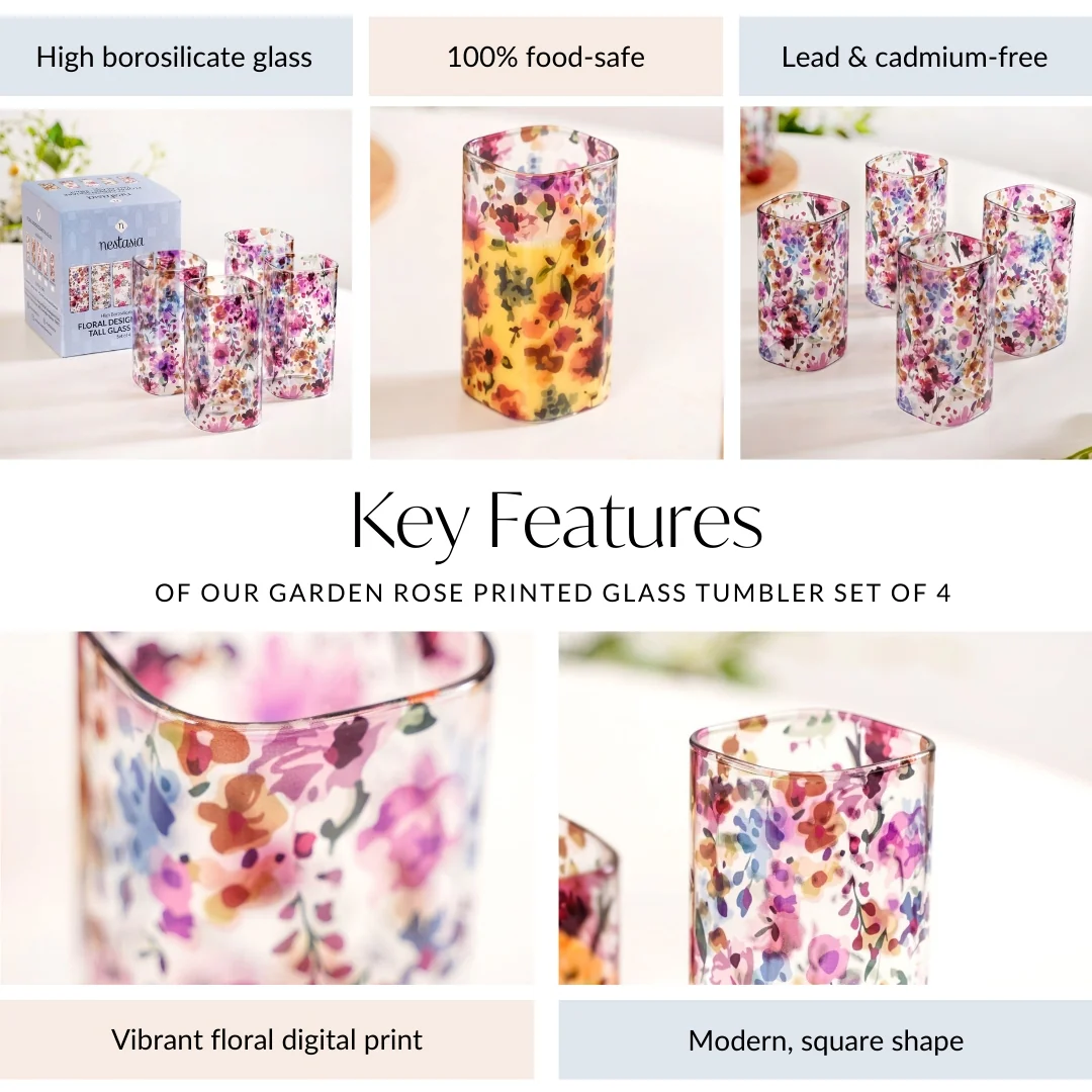 Garden Rose Printed Glass Tumbler Set Of 4 340ml - Image 5