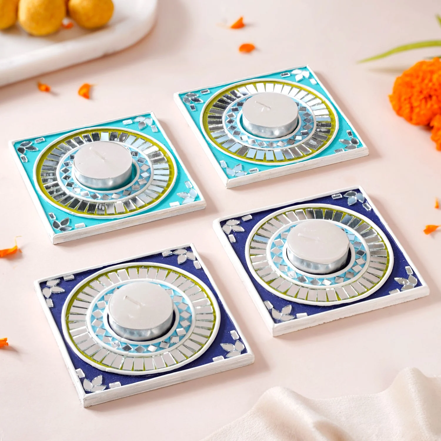 Geometric Blues Lippan Art Tealight Candle Holder Set Of 4 - Image 10