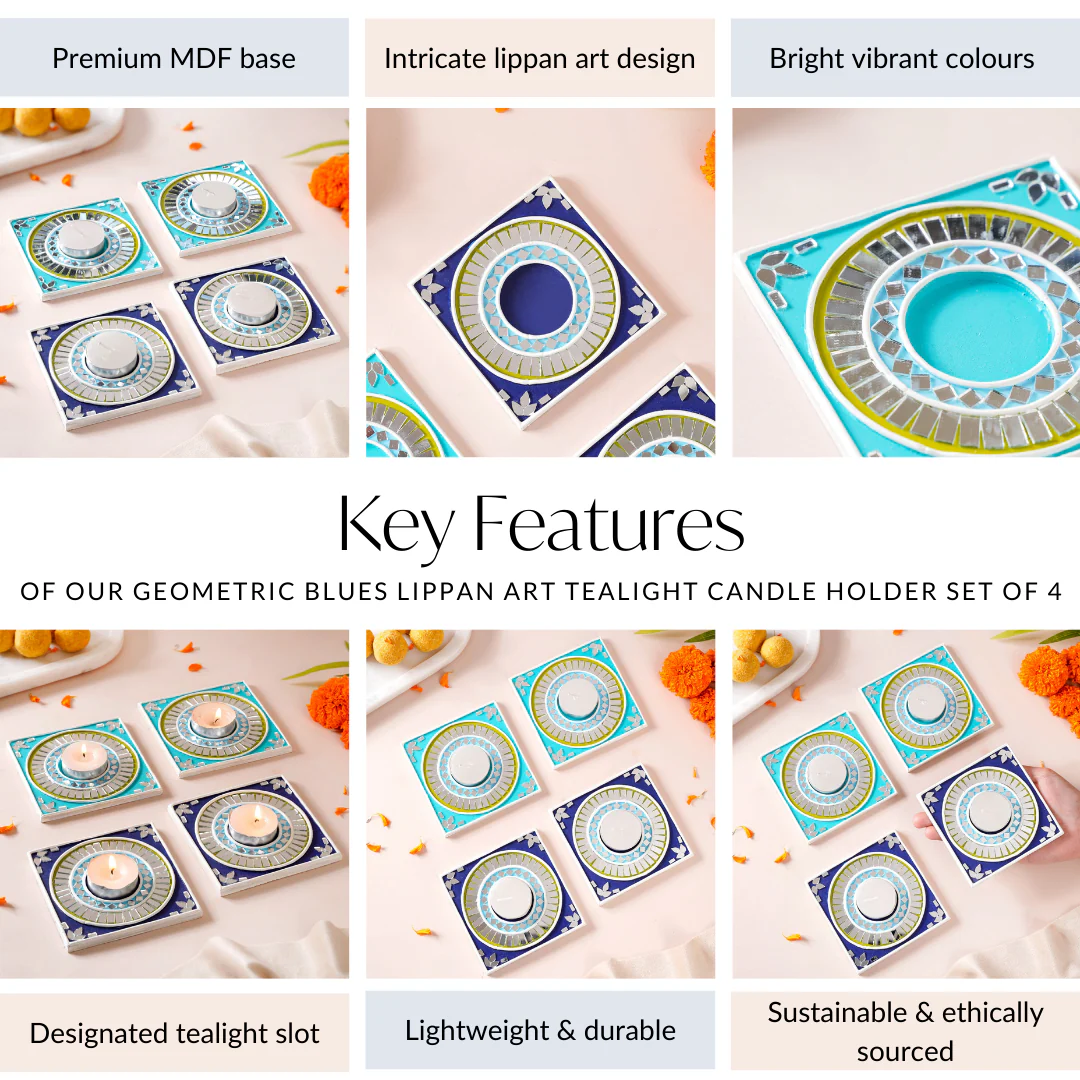 Geometric Blues Lippan Art Tealight Candle Holder Set Of 4 - Image 5
