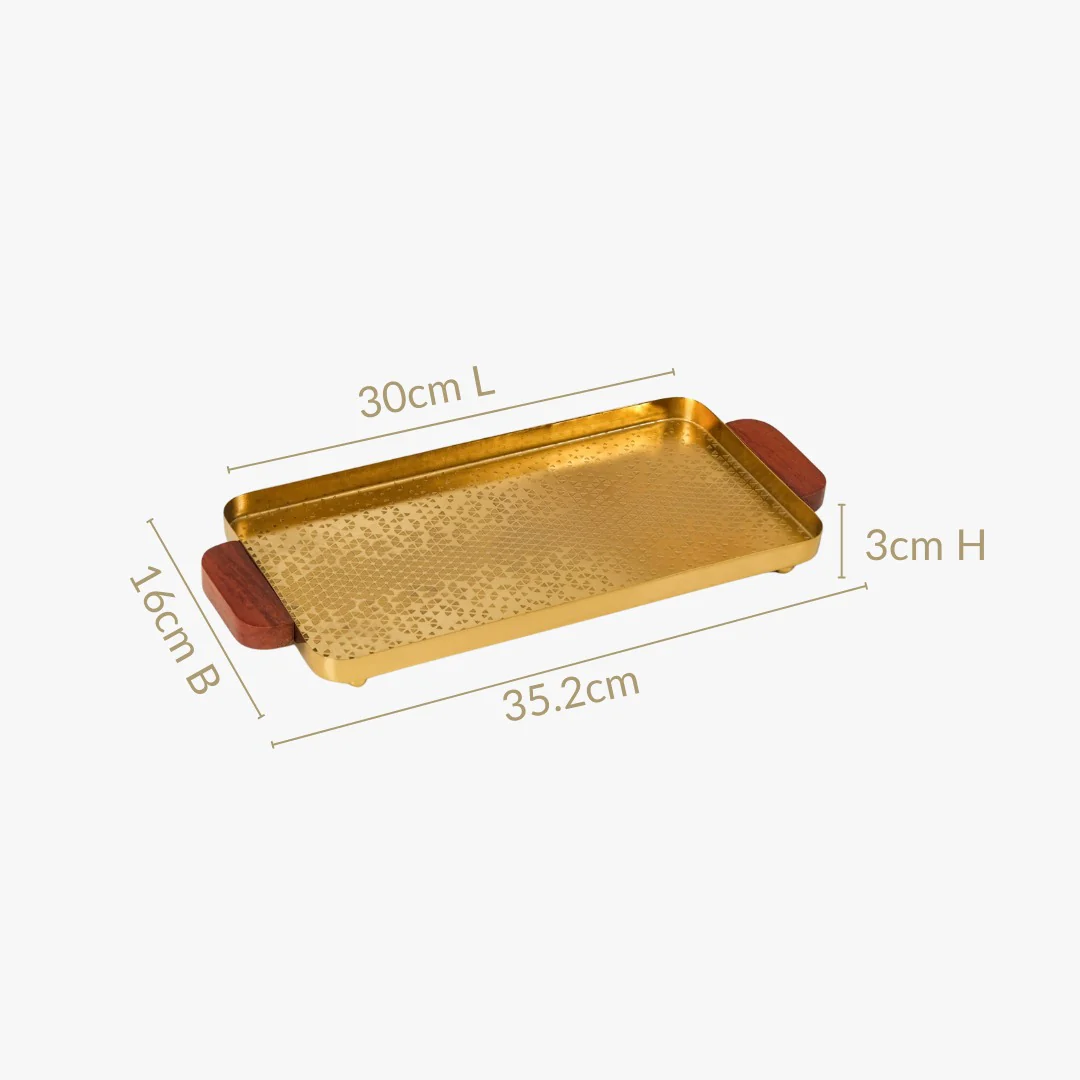Geometric Embossed Rectangle Metal Tray With Wooden Handles - Image 4