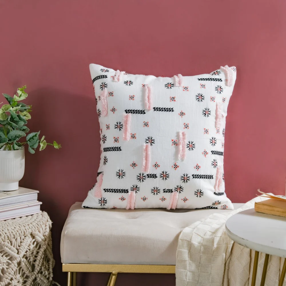 Geometric Embroidered Cotton Cushion Cover 16 inch - Image 4
