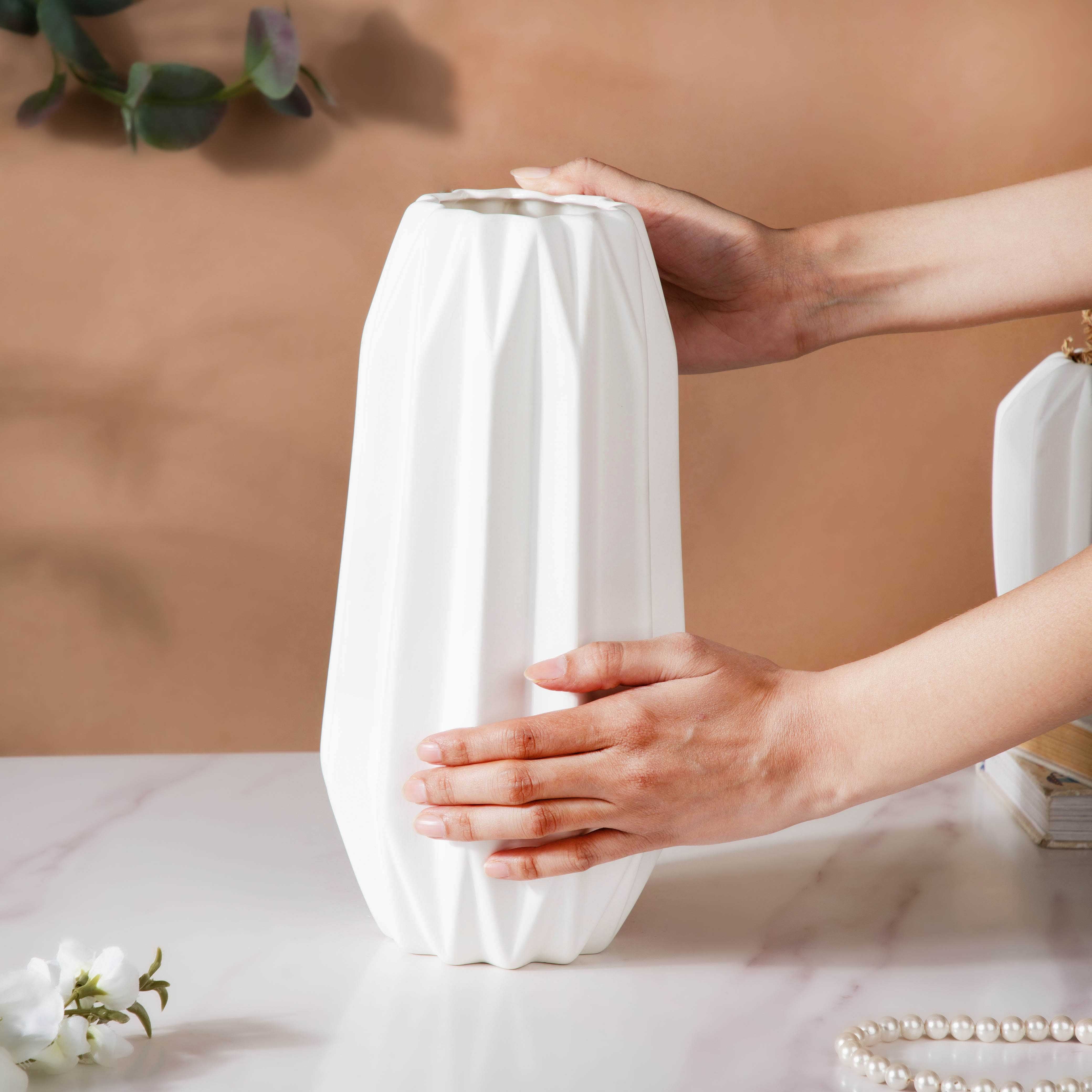 Geometric Textured Ceramic Vase White Large - Image 2