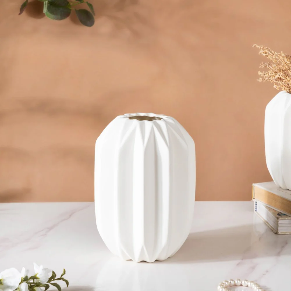 Geometric Textured Ceramic Vase White Medium