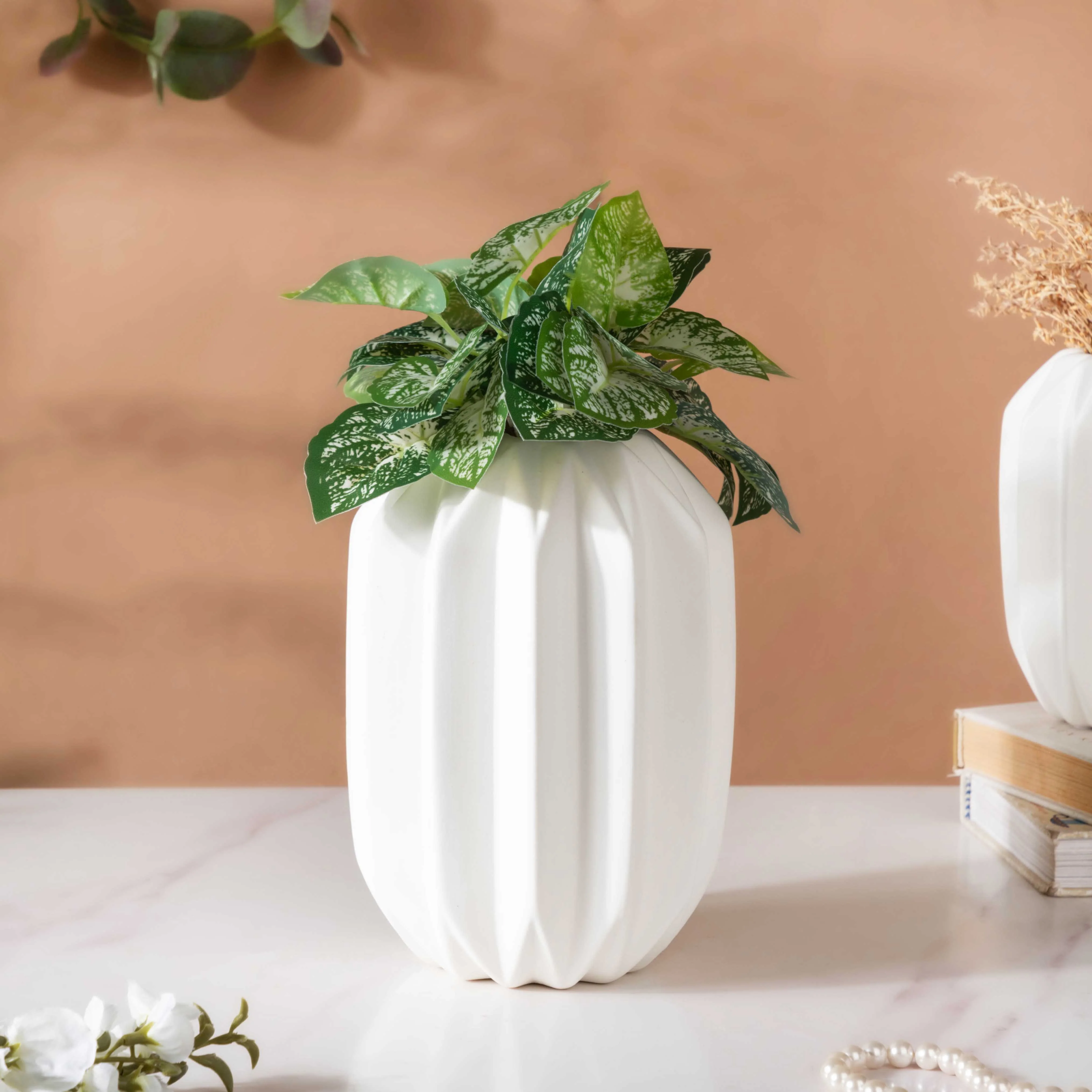 Geometric Textured Ceramic Vase White Medium - Image 2