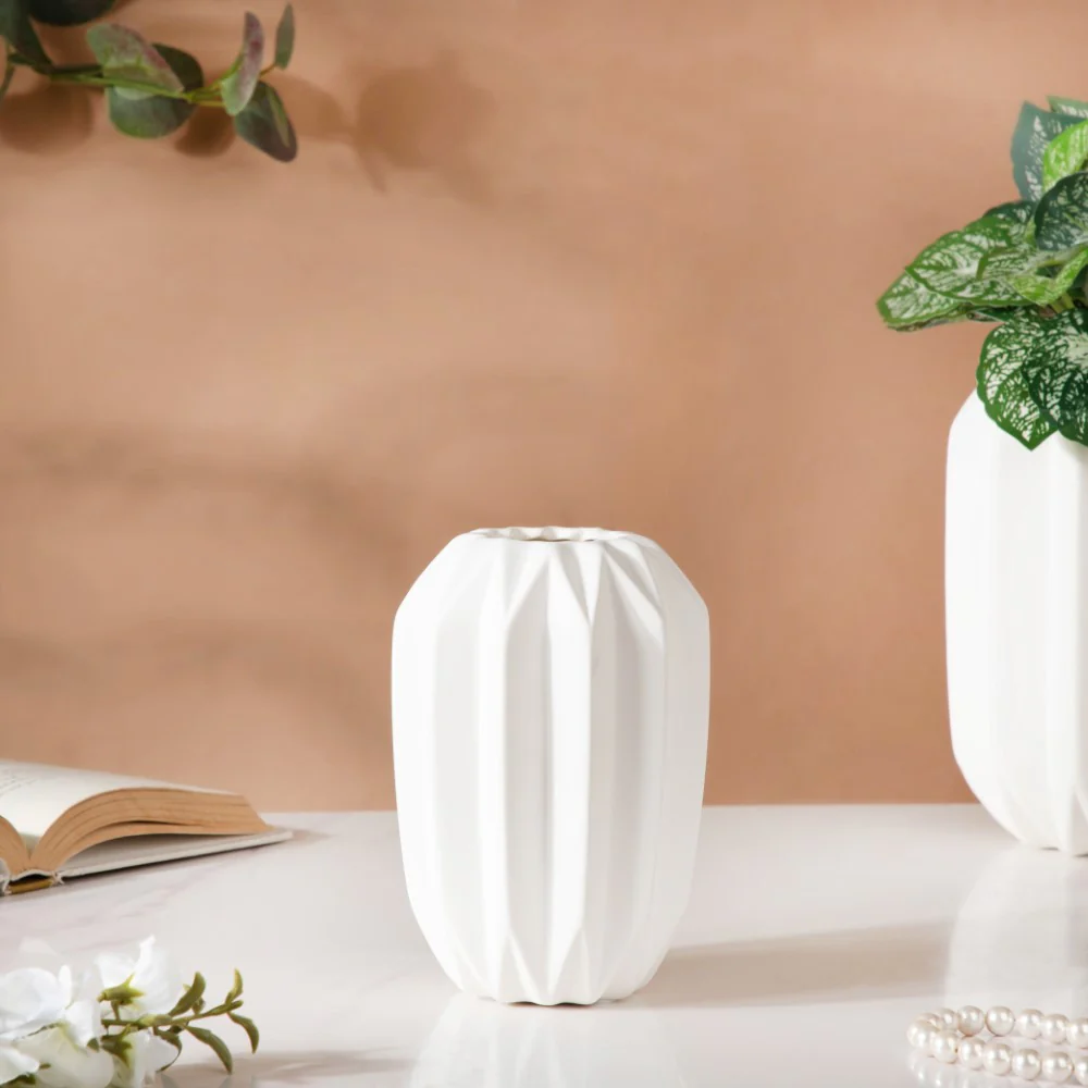 Geometric Textured Ceramic Vase White Small - Image 3