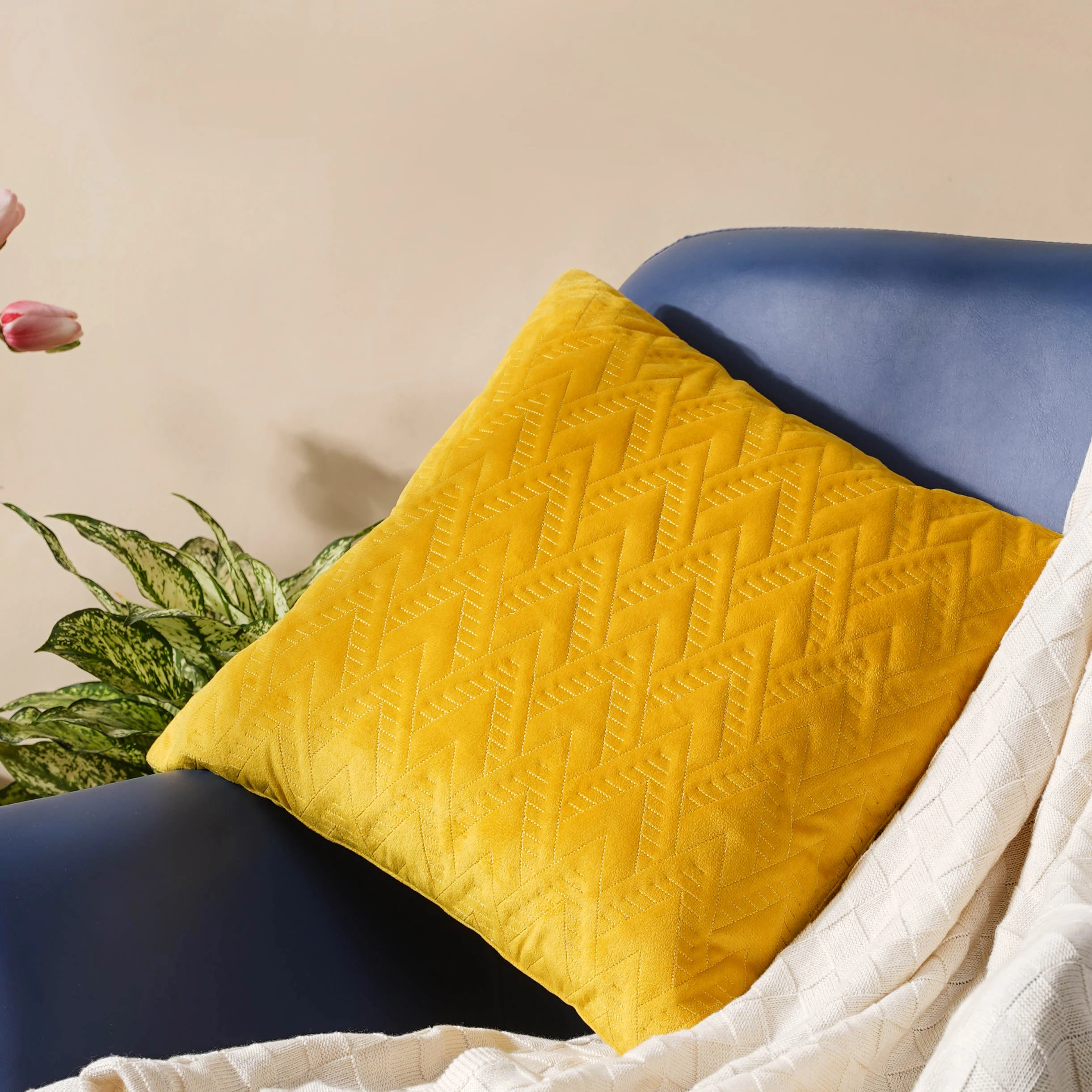Geometric Yellow Quilted Velvet Cushion Cover 16 inch - Image 3
