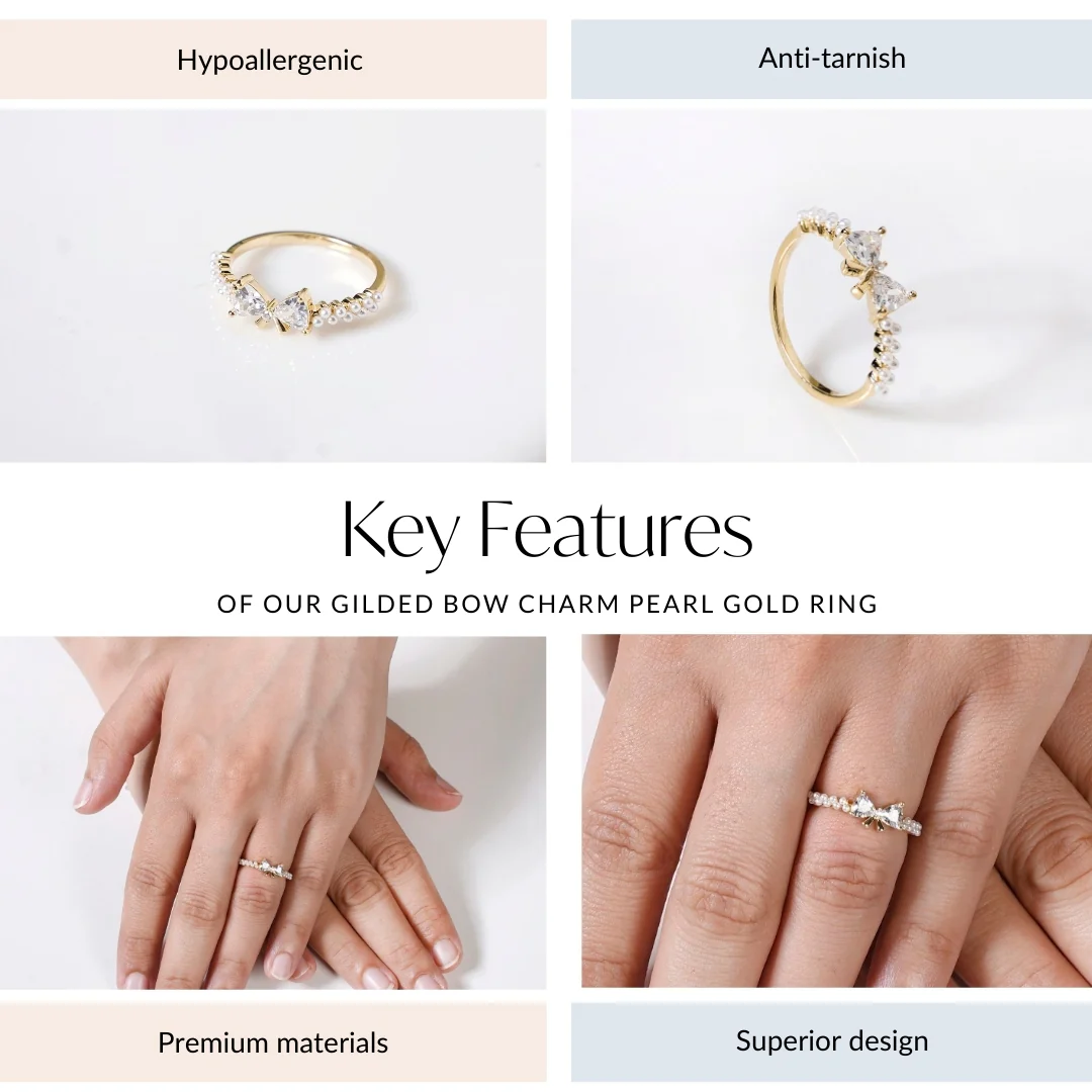 Gilded Bow Charm Pearl Gold Ring - Image 4