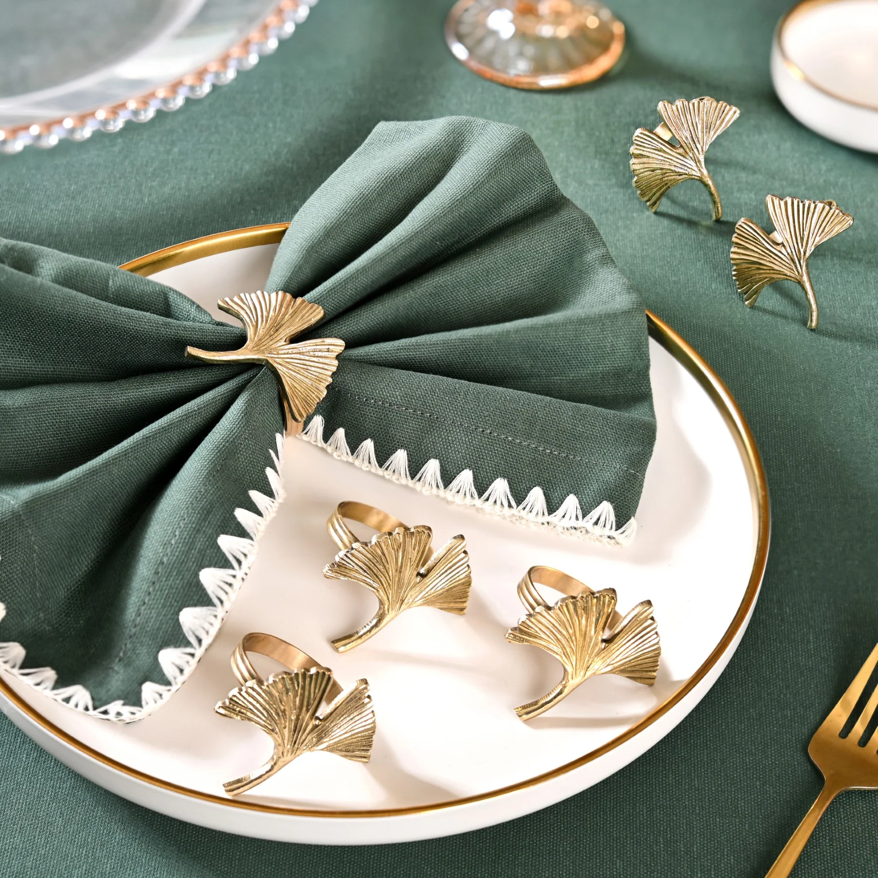 Gingko Leaf Napkin Ring In Pure Brass Set Of 6 Gold