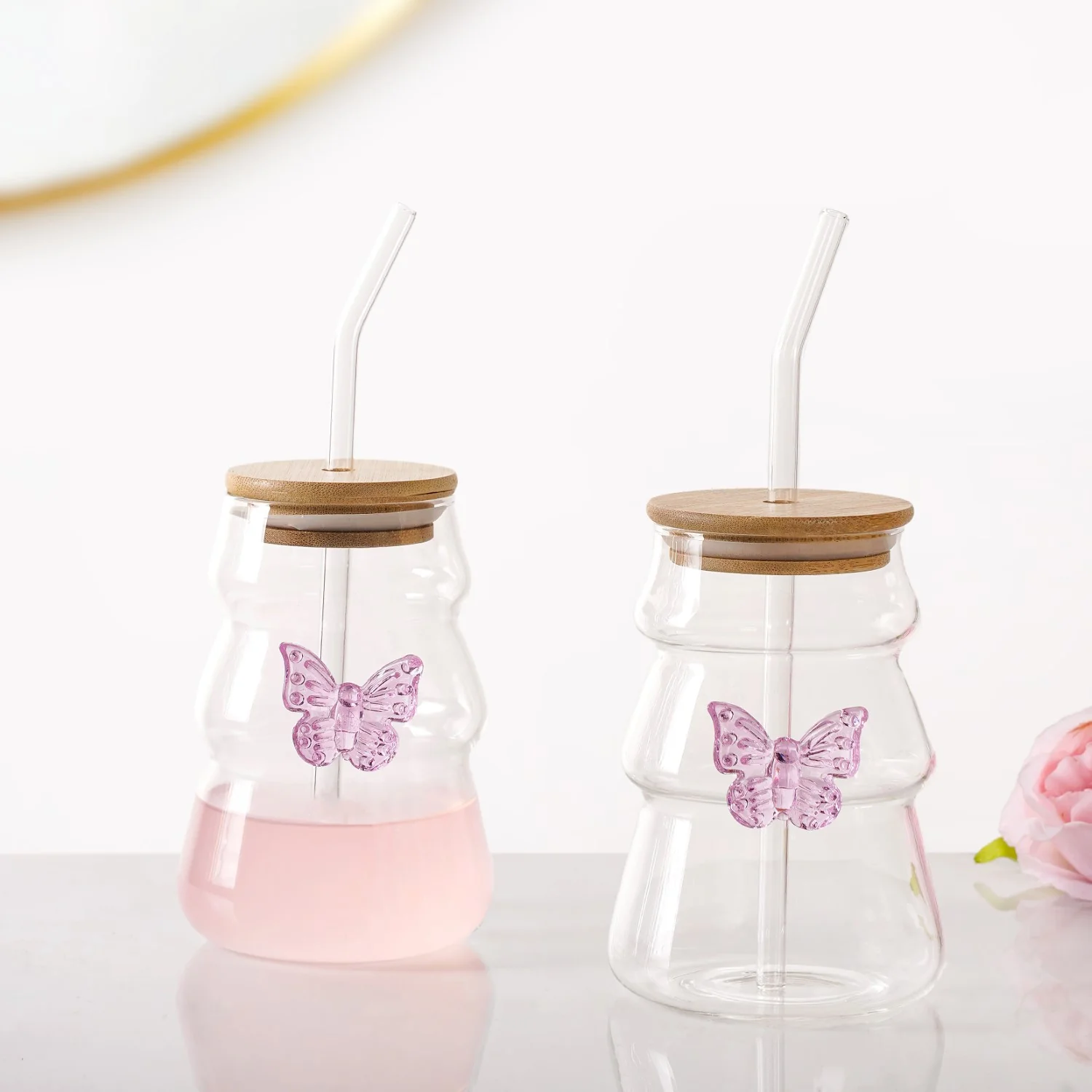 Girlie Butterfly Glass Tumbler With Straw Set Of 2 500ml - Image 2