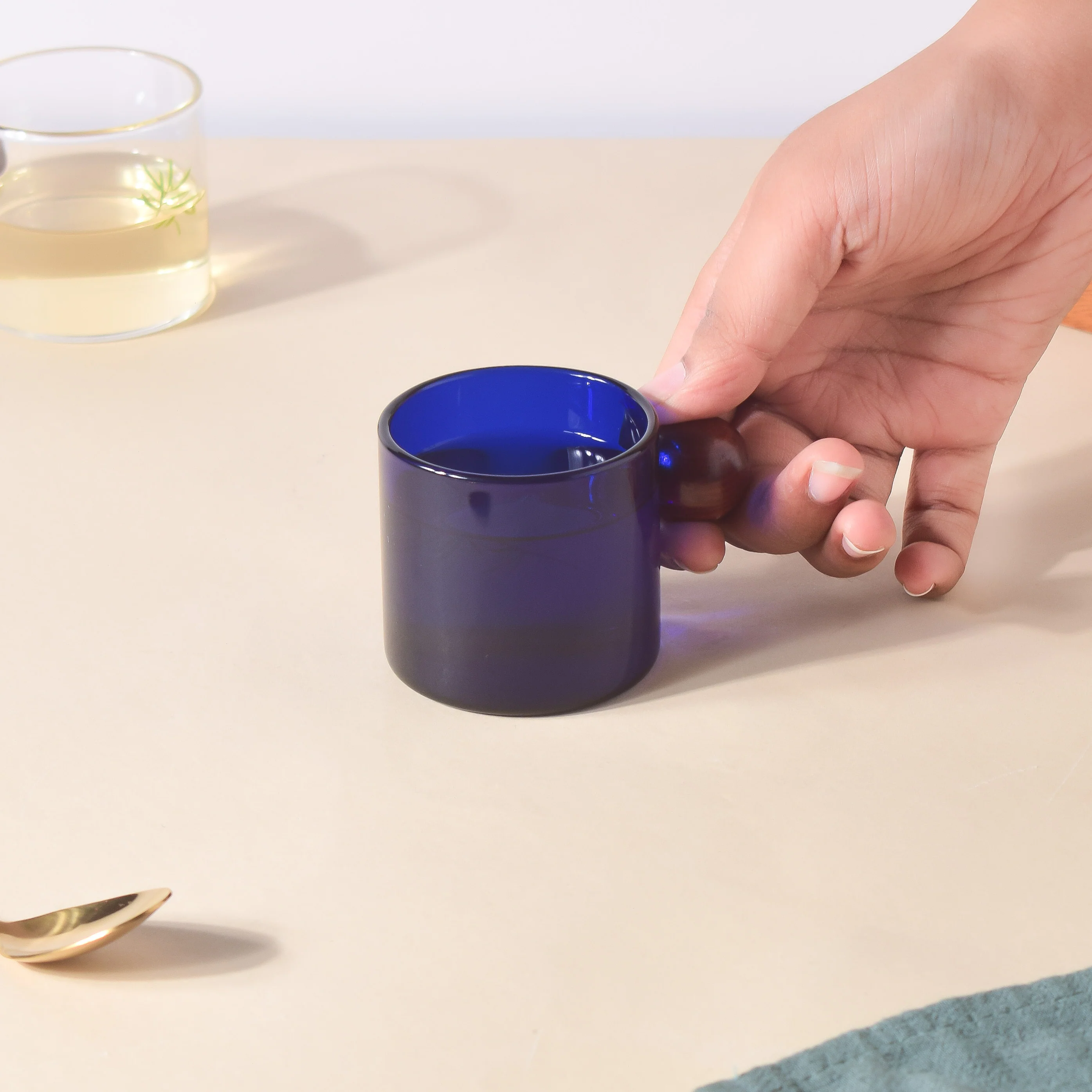 Glass Mug Blue With Knob Handle Small - Image 2