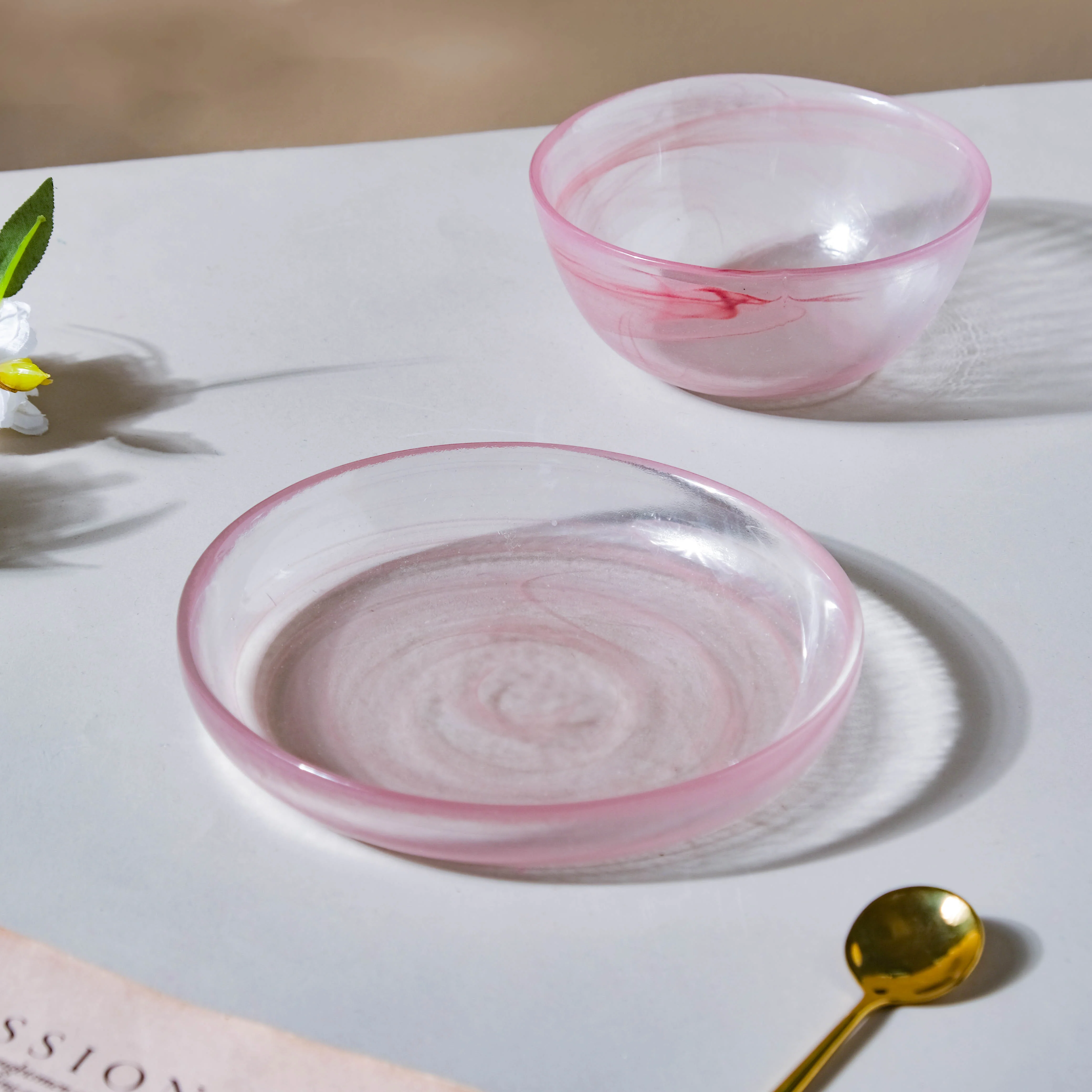 Glass Pink Bowl and Plate Set - Image 16