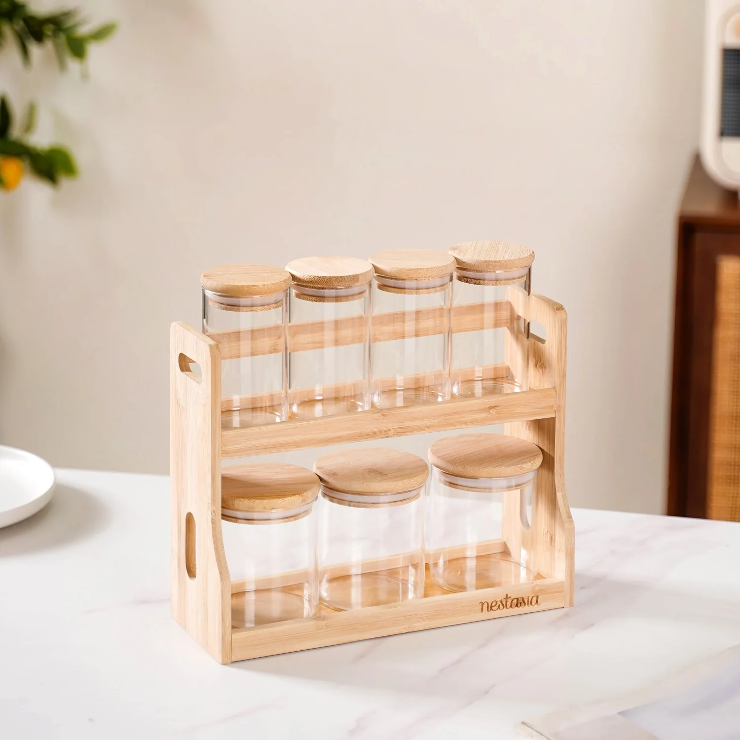 Glass Spice Jars Set of 7 With Wooden Storage Rack - Image 3