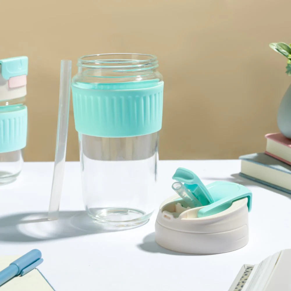 Glass Tumbler With Dual Flip Lid Blue 450ml - Image 3