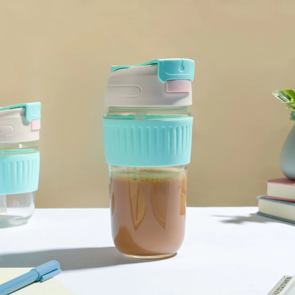 Glass Tumbler With Dual Flip Lid Blue 450ml - Image 6