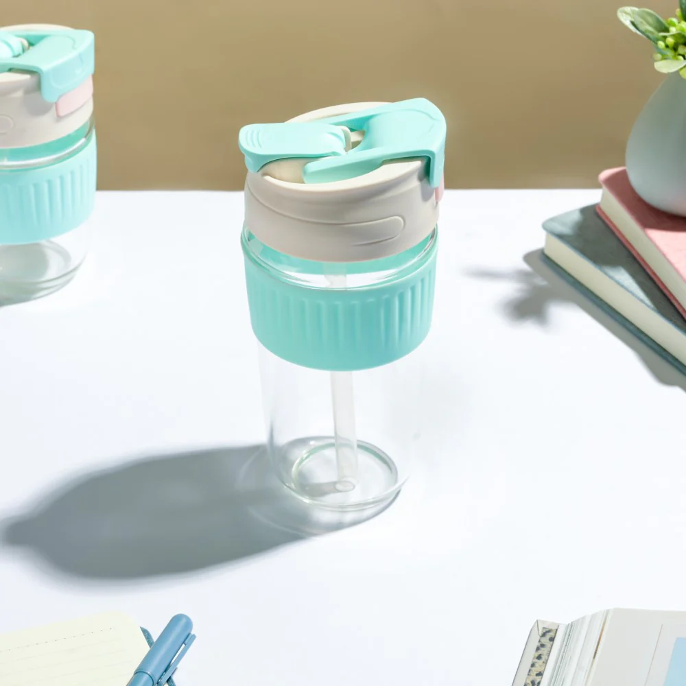 Glass Tumbler With Dual Flip Lid Blue 450ml - Image 8