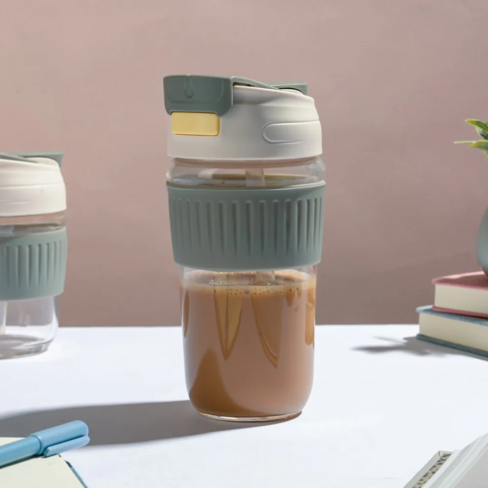 Glass Tumbler With Dual Flip Lid Grey 450ml - Image 2