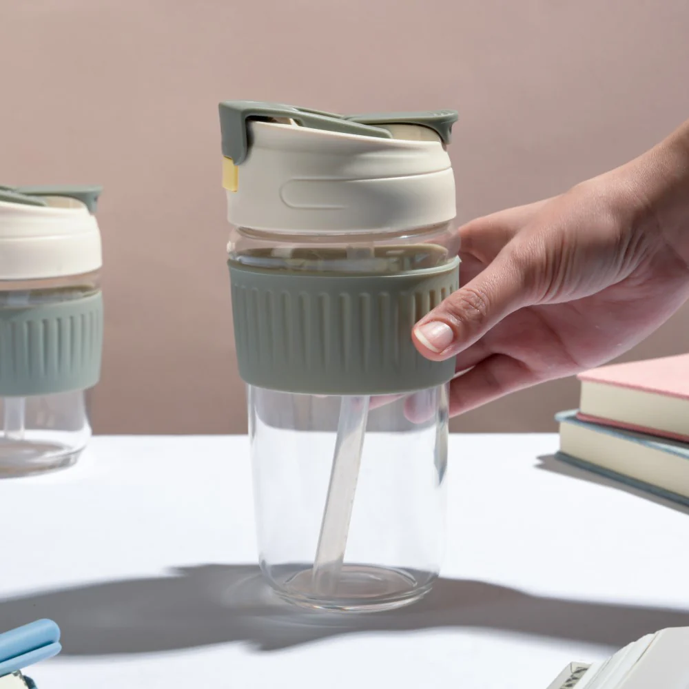 Glass Tumbler With Dual Flip Lid Grey 450ml - Image 3