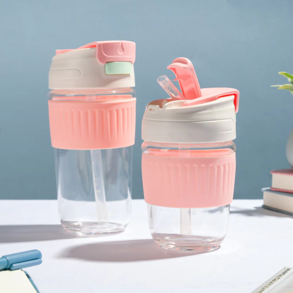 Glass Tumbler With Dual Flip Lid Pink 350ml - Image 9