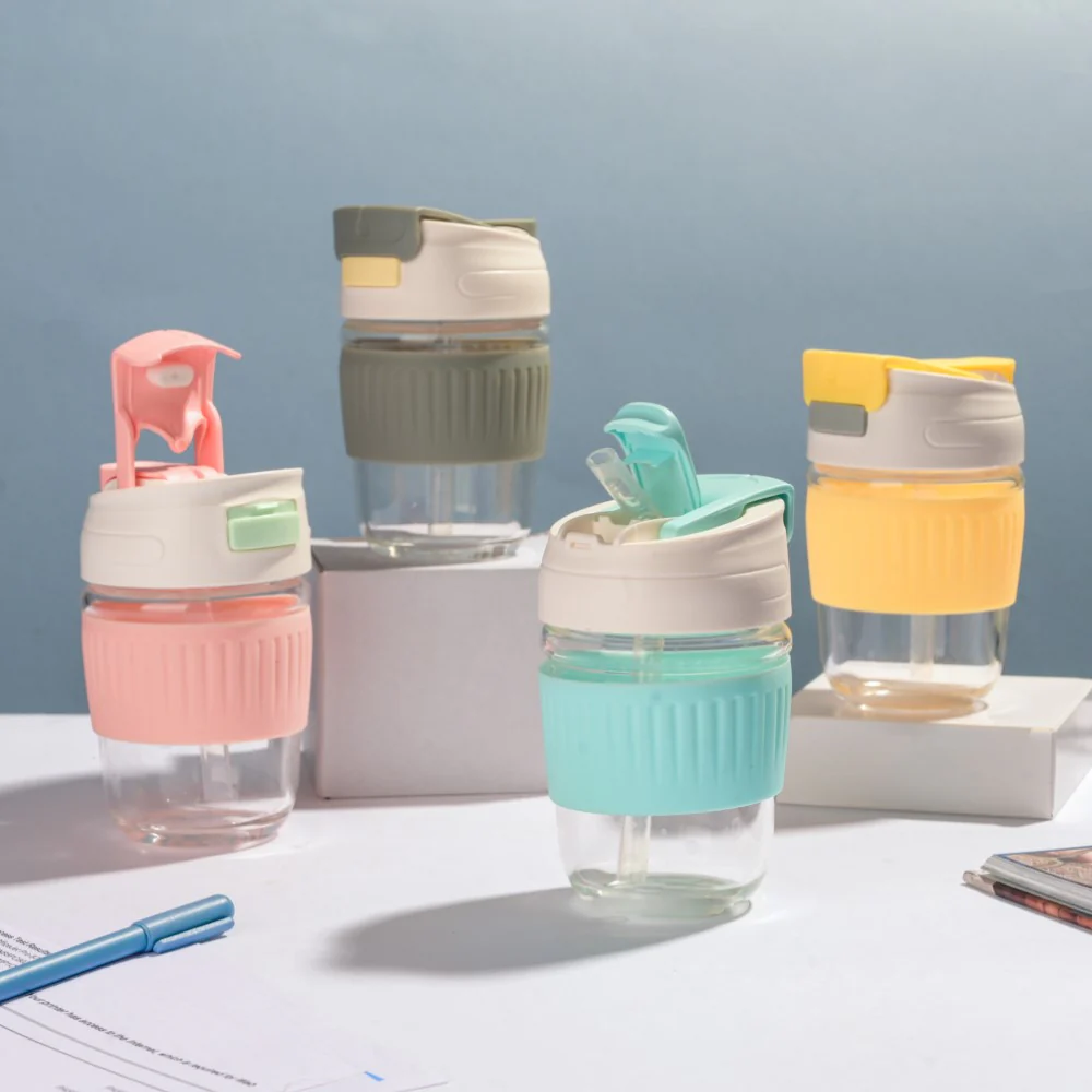 Glass Tumbler With Dual Flip Lid Yellow 350ml - Image 9