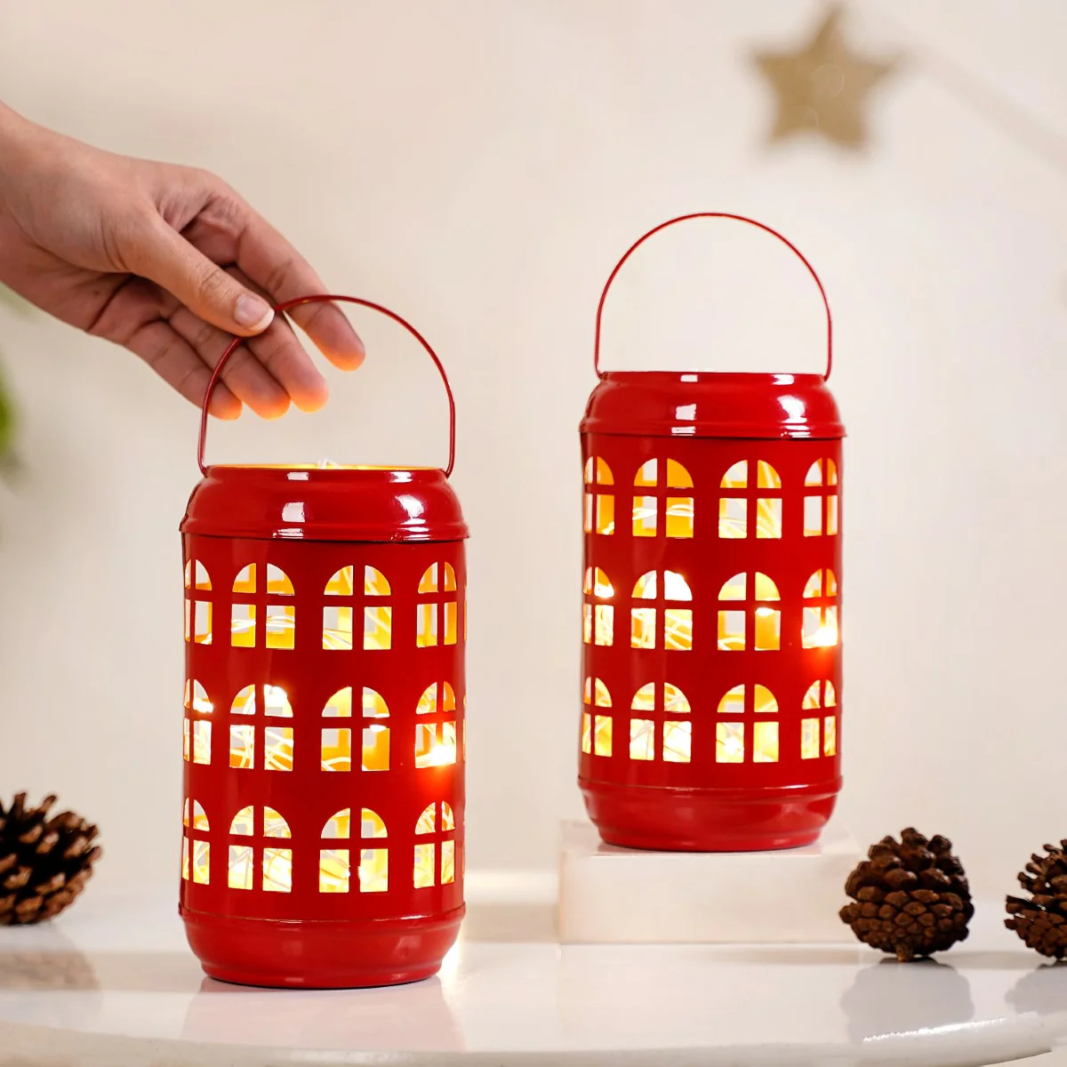 Festive Red Candle Holder With Handle Set of 2 - Image 2