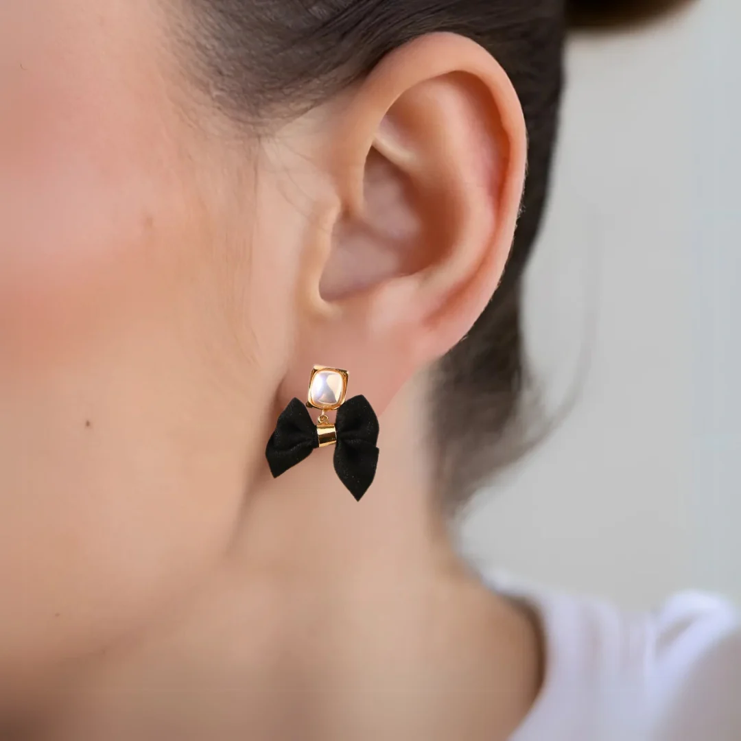 Gold And Black Bow Pearl Earrings - Image 2
