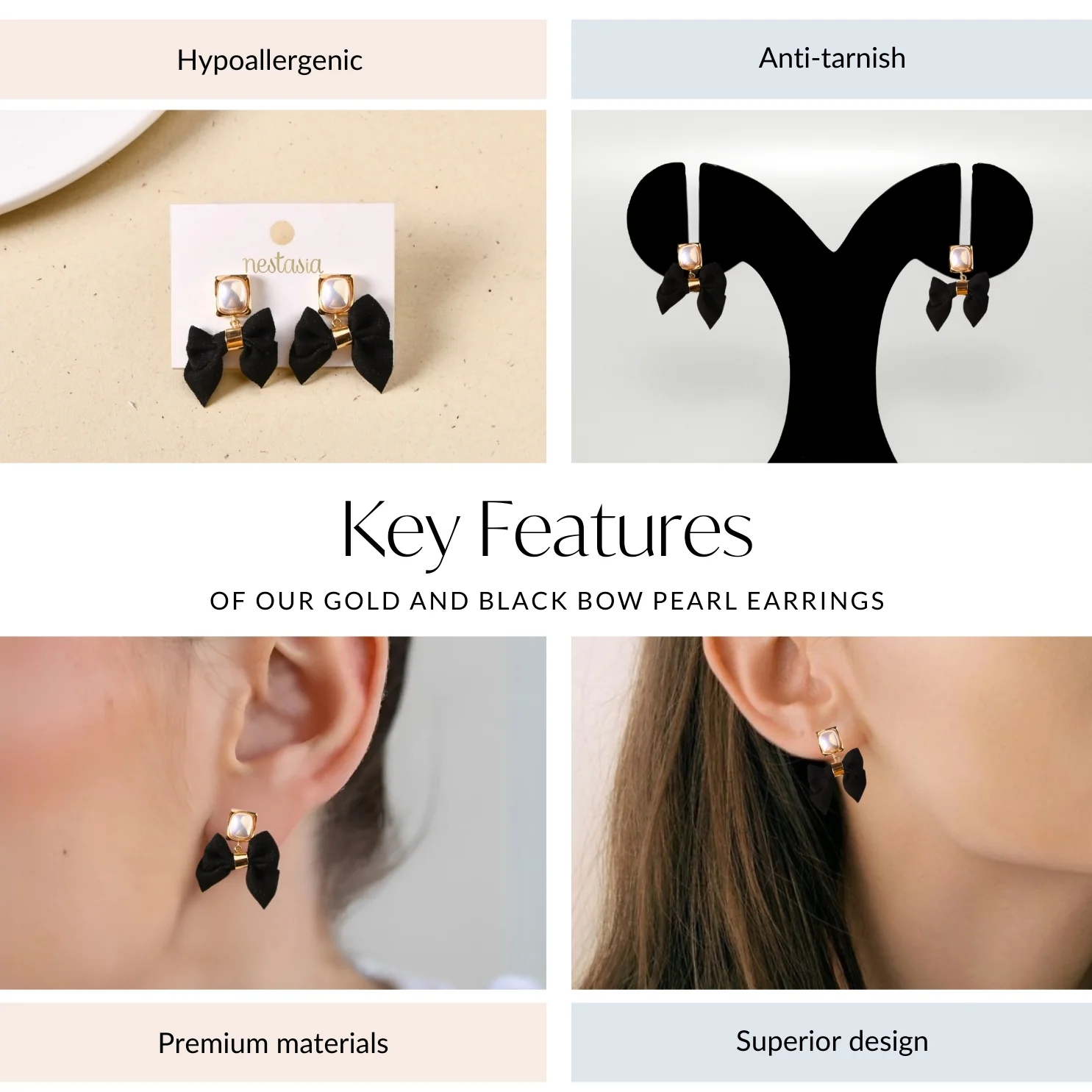 Gold And Black Bow Pearl Earrings - Image 4