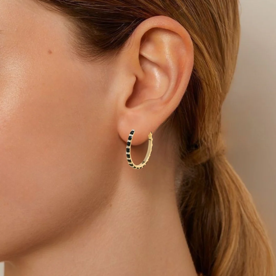 Gold And Black Lattice Hoop Earrings - Image 2