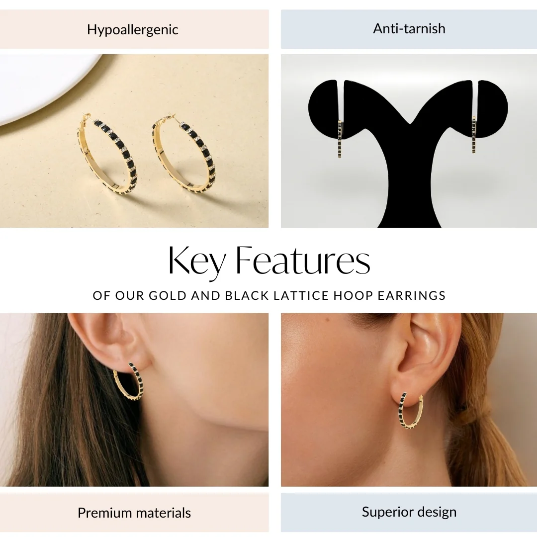 Gold And Black Lattice Hoop Earrings - Image 4