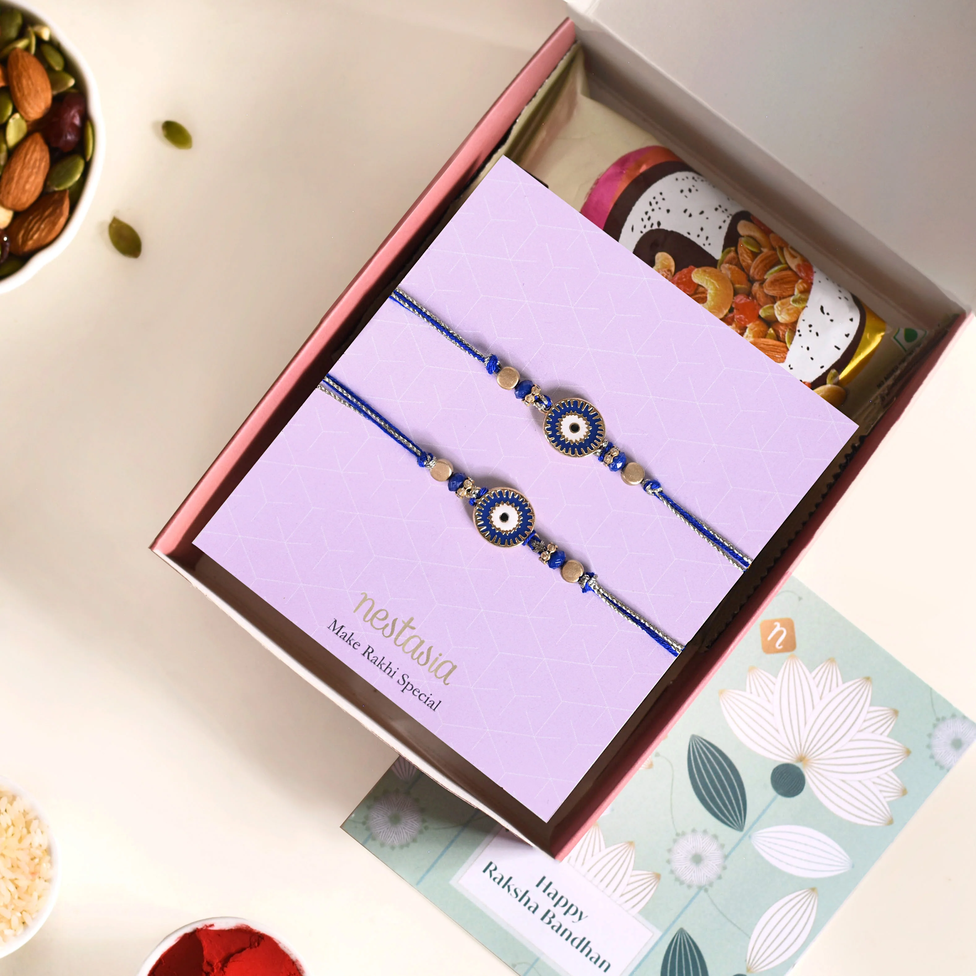 Gold Blue Protective Rakhi Gift Set Of 4 With Box And Card - Image 2