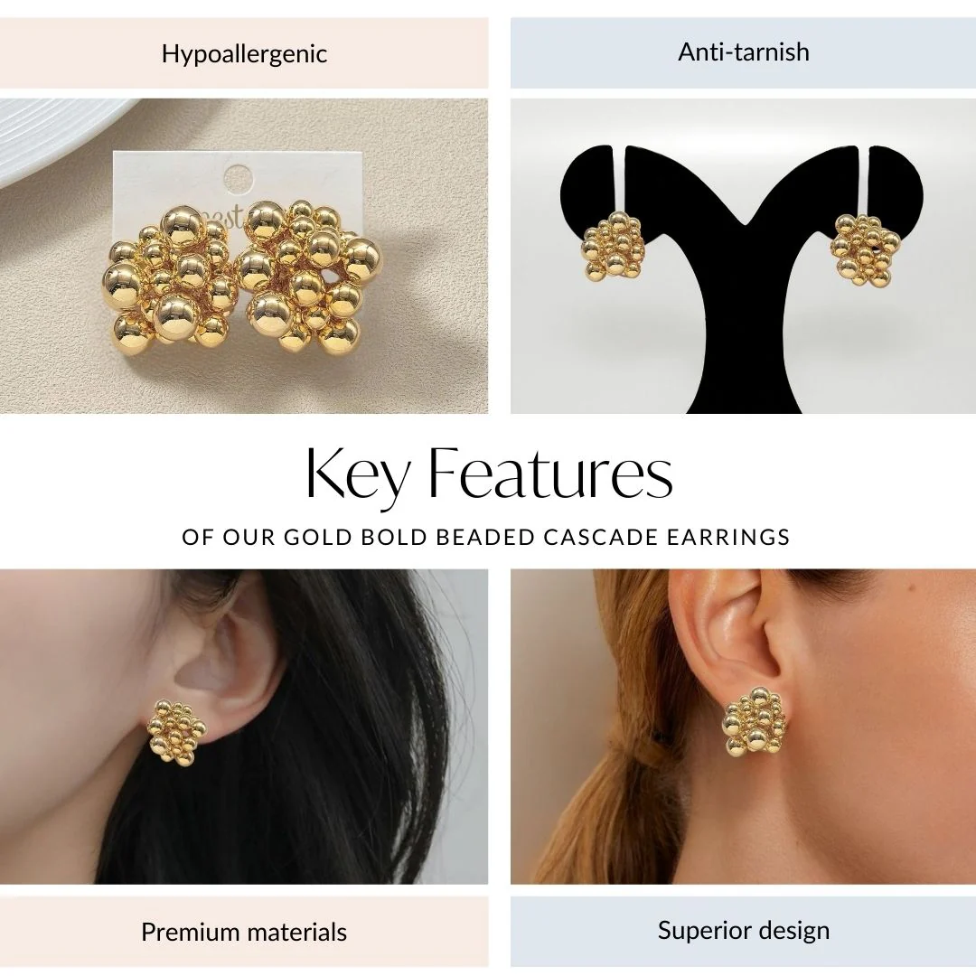 Gold Bold Beaded Cascade Earrings - Image 4