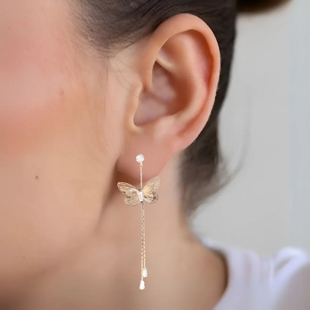 Gold Butterfly Tassel Earrings - Image 2