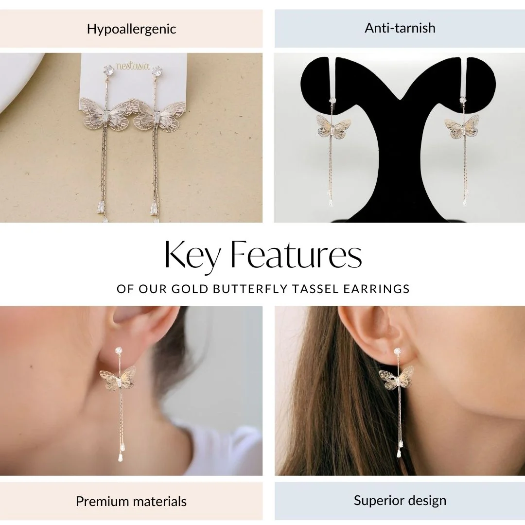 Gold Butterfly Tassel Earrings - Image 4