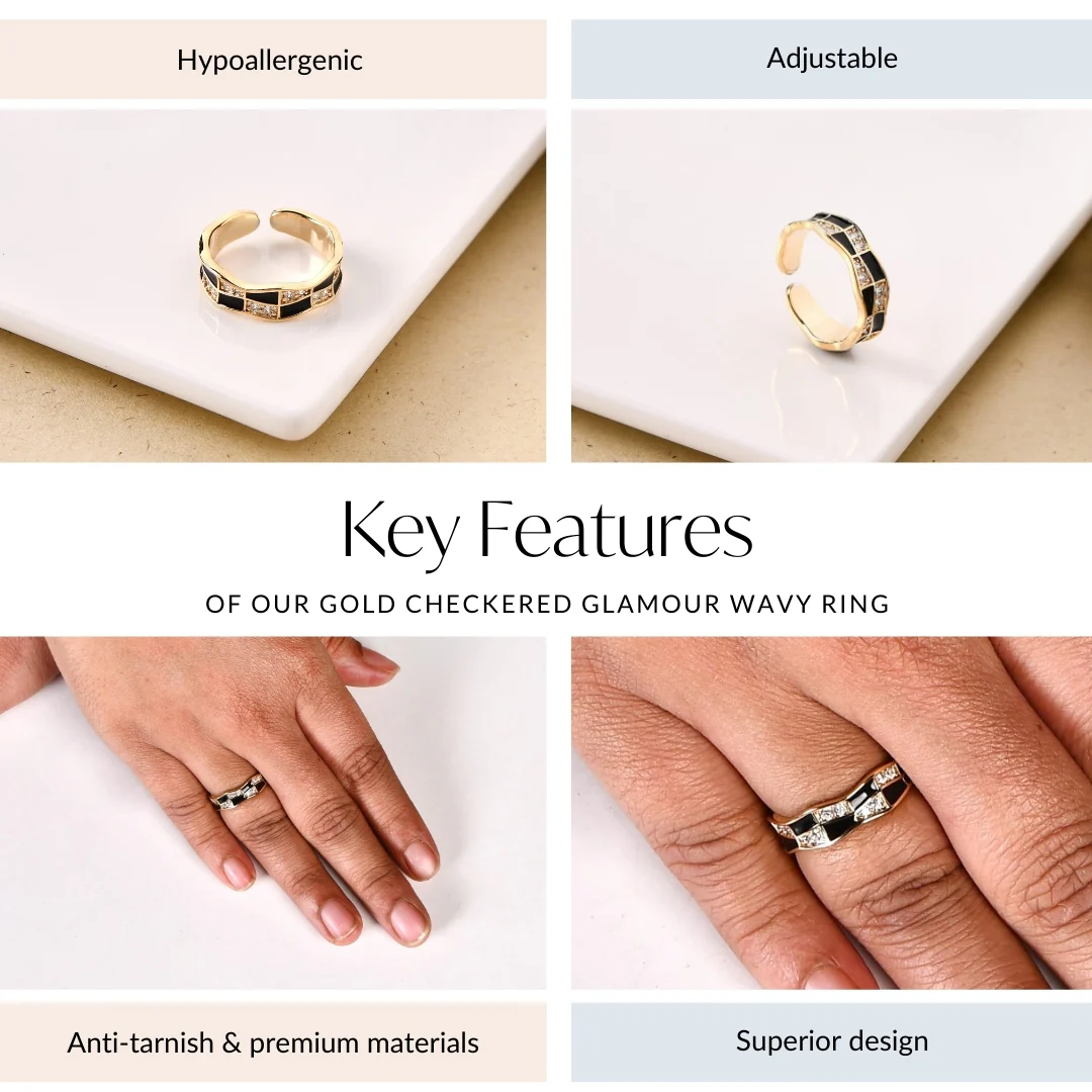 Gold Checkered Glamour Wavy Ring - Image 4