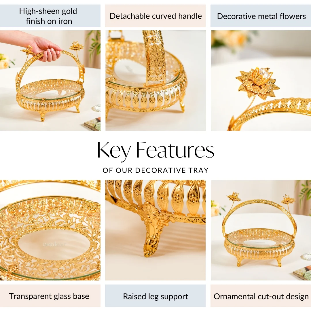 Gold Decorative Tray With Floral Metal Frame - Image 5
