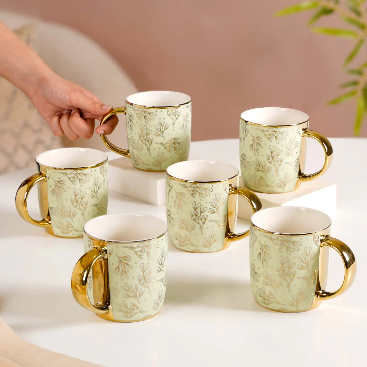 Gold Detail Coffee Mug Set of 6 Matte Pistachio Green 350ml - Image 2