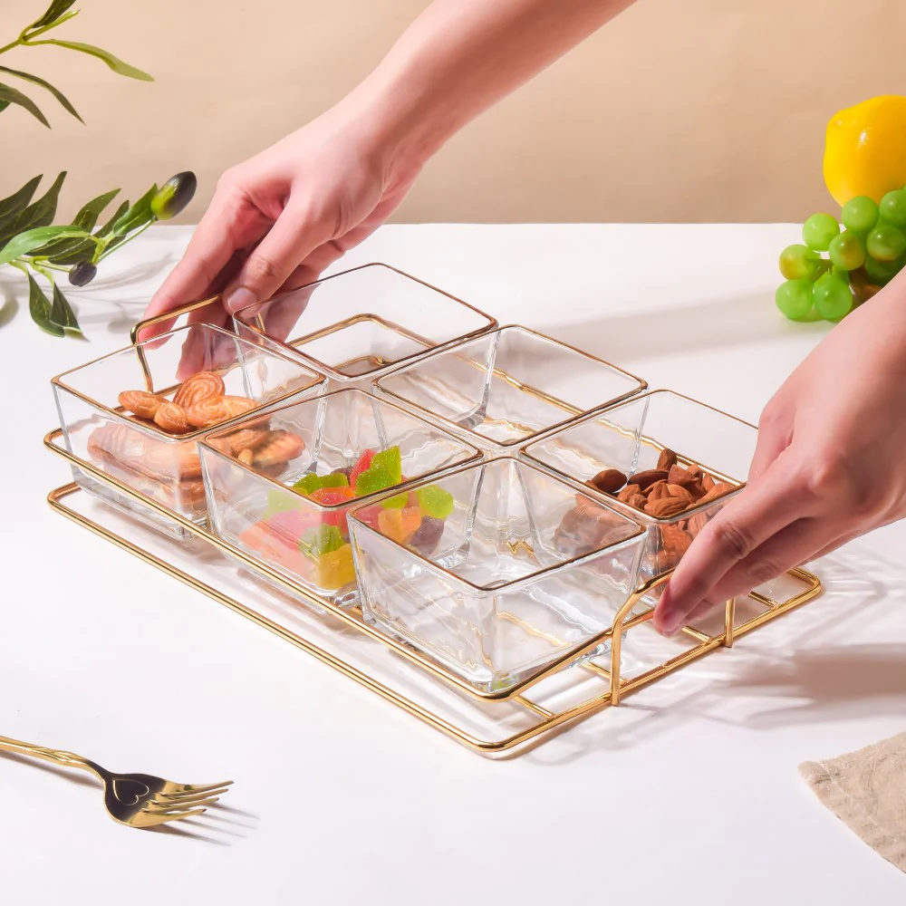Gold Detailed Glass Bowls And Tray Set Of 7 200ml - Image 2